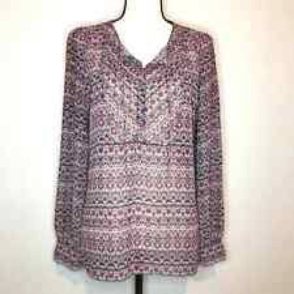 Violet & Claire Blouse Women Red Gray Striped Tie V-Neck Long Balloon Sleeve M - Picture 1 of 8